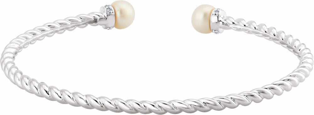 14K White Gold Cultured White Freshwater Pearl & 1/10 CTW Natural Diamond Cuff 7" Bracelet