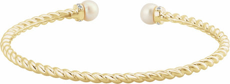 14K Yellow Cultured White Freshwater Pearl & 1/10 CTW Natural Diamond Cuff 7" Bracelet