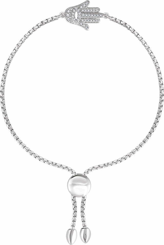 Sterling Silver 1/5 CTW Natural Diamond Hamsa Adjustable Bolo 8" Bracelet  