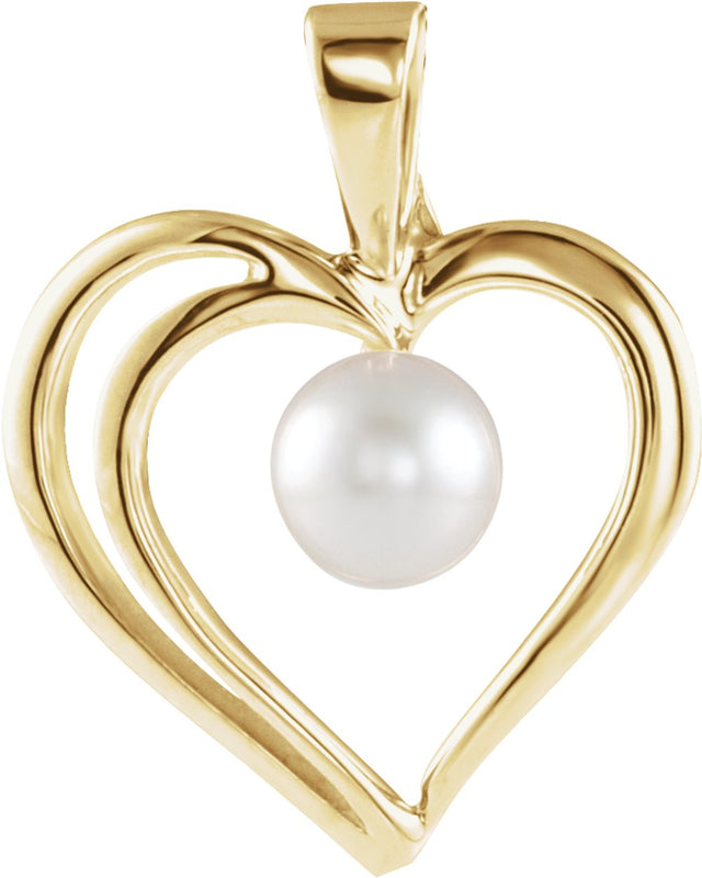 14K Yellow Cultured White Akoya Pearl Heart Pendant 