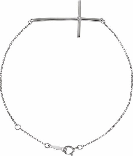 14K White Gold .025 CT Natural Diamond Sideways Cross 7-8" Bracelet
