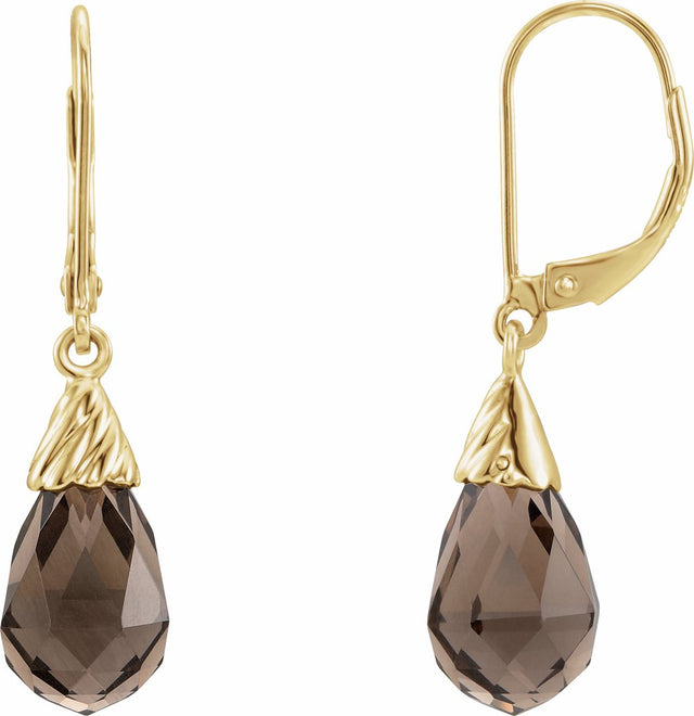 14K Yellow Natural Smoky Quartz Briolette Lever Back Earrings