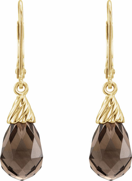 14K Yellow Natural Smoky Quartz Briolette Lever Back Earrings