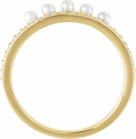 14K Yellow Cultured White Freshwater Pearl & 1/5 CTW Natural Diamond Stackable Ring