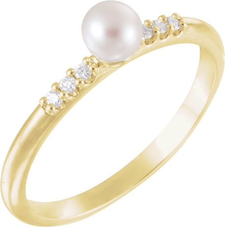 14K Yellow Gold Cultured White Freshwater Pearl & .05 CTW Natural Diamond Ring 