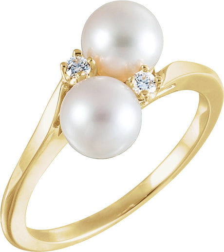 14K Yellow Cultured White Akoya Pearl & .06 CTW Natural Diamond Bypass Ring