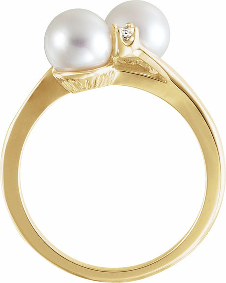 14K Yellow Cultured White Akoya Pearl & .06 CTW Natural Diamond Bypass Ring