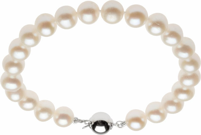 Sterling Silver 8-9 mm Cultured White Freshwater Pearl 7 3/4" Bracelet