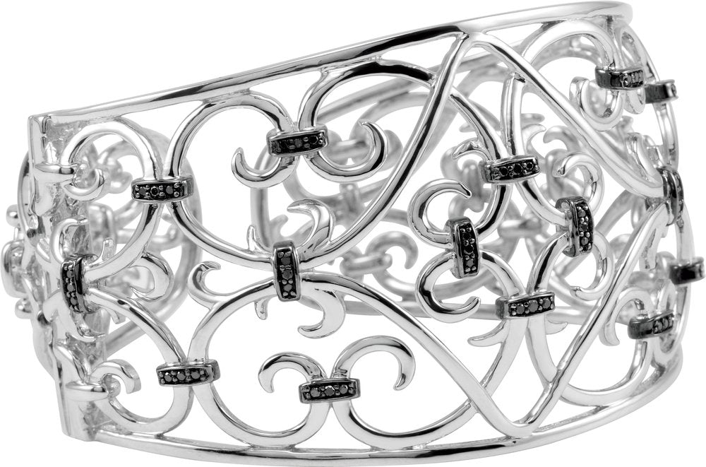 Black/White Rhodium-Plated Sterling Silver 1/3 CTW Natural Black Diamond Cuff 8" Bracelet