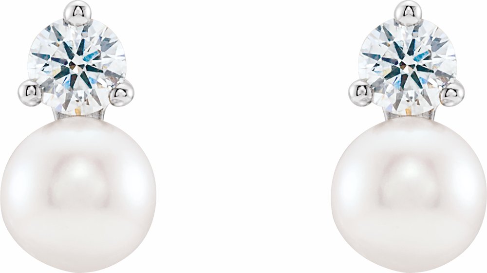 14K White Cultured White Freshwater Pearl & 1/2 CTW Natural Diamond Earrings