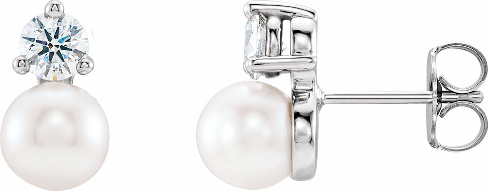 14K White Gold Cultured White Freshwater Pearl & 1/2 CTW Natural Diamond Earrings
