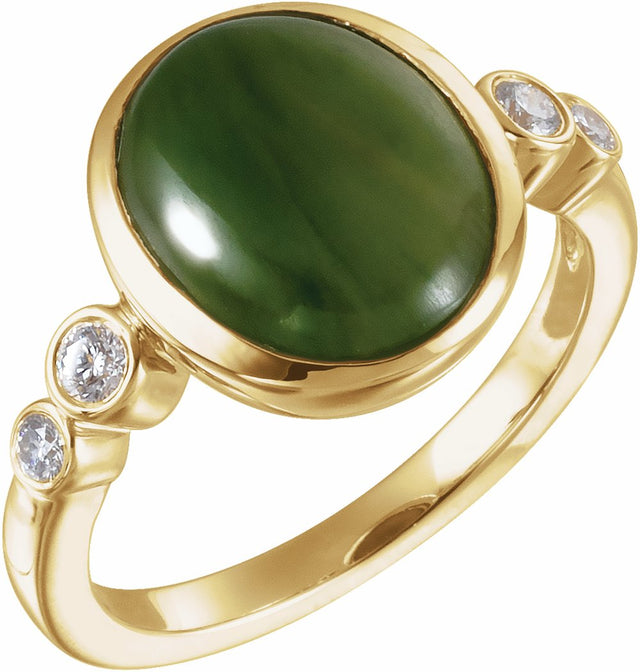 14K Yellow Natural Nephrite Jade & 1/6 CTW Natural Diamond Ring  