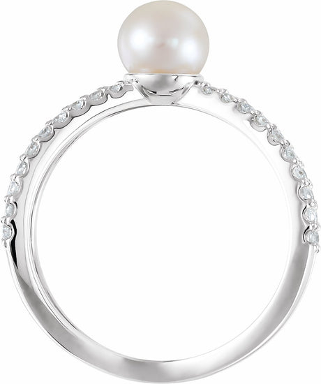 14K White Cultured White Freshwater Pearl & 3/8 CTW Natural Diamond Ring