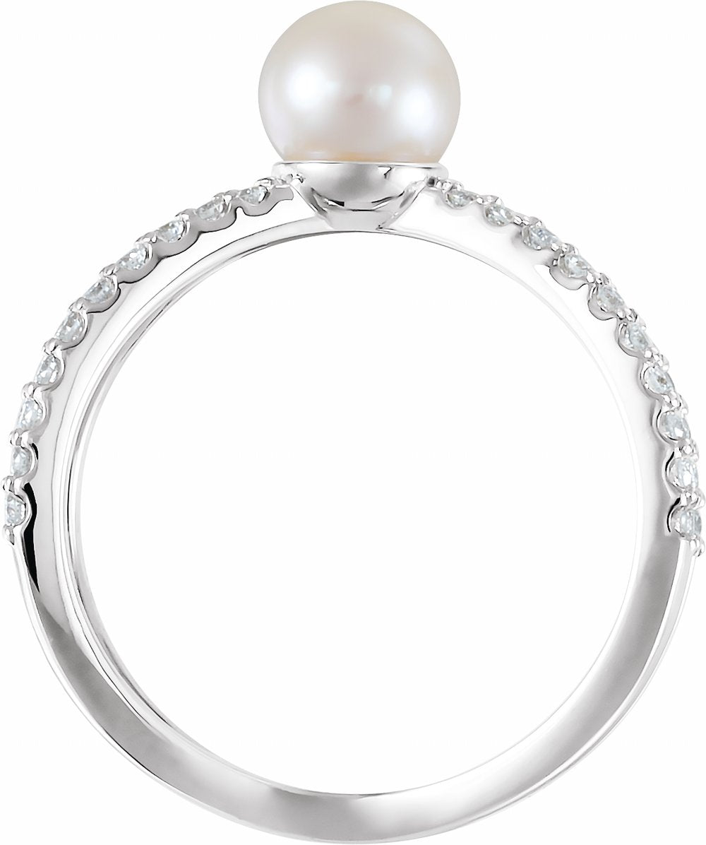 14K White Cultured White Freshwater Pearl & 3/8 CTW Natural Diamond Ring