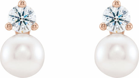 14K Rose Gold Cultured White Freshwater Pearl & 1/2 CTW Natural Diamond Earrings