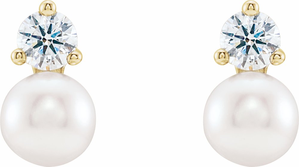 14K Yellow Gold Cultured White Freshwater Pearl & 1/2 CTW Natural Diamond Earrings