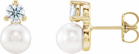14K Yellow Gold Cultured White Freshwater Pearl & 1/2 CTW Natural Diamond Earrings