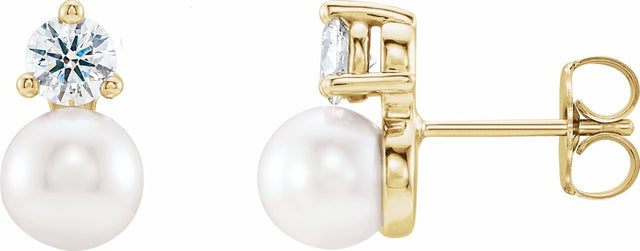 14K Yellow Gold Cultured White Freshwater Pearl & 1/2 CTW Natural Diamond Earrings