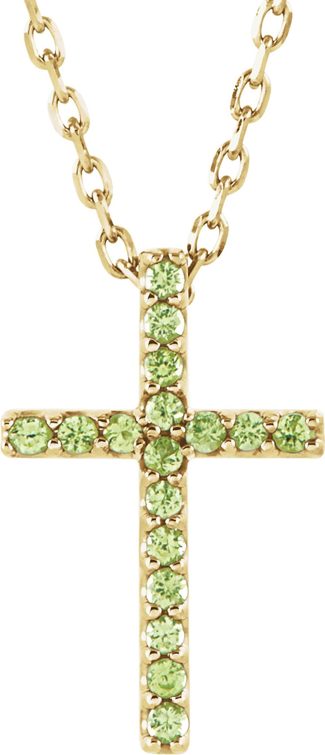 14K Yellow Natural Peridot Petite Cross 16" Necklace