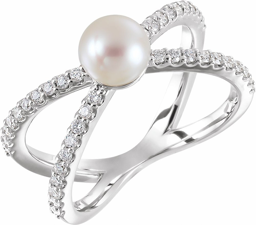 14K White Cultured White Freshwater Pearl & 3/8 CTW Natural Diamond Ring 