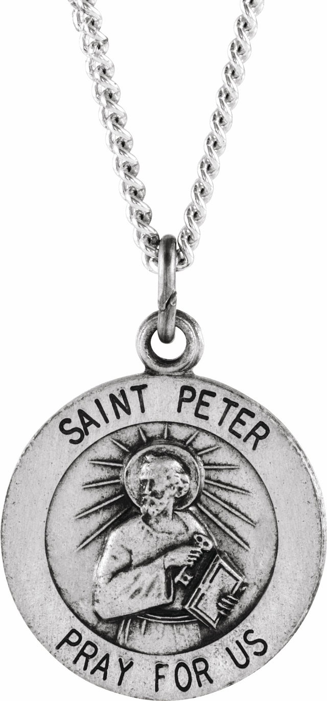 Sterling Silver 15 mm Round St. Peter 18" Necklace