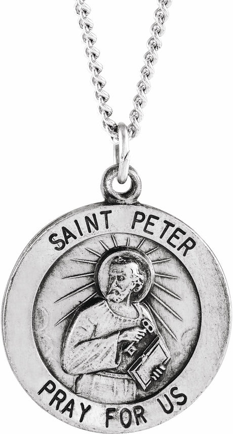Sterling Silver 18 mm Round St. Peter 18" Necklace