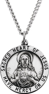 Sterling Silver 25 mm Round Sacred Heart of Jesus 24" Necklace