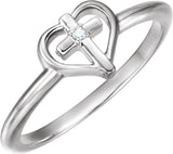 Sterling Silver .01 CT Natural Diamond Cross & Heart Ring