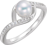 14K White Gold Cultured White Freshwater Pearl & 1/8 CTW Natural Diamond Ring  