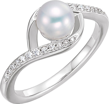 14K White Gold Cultured White Freshwater Pearl & 1/8 CTW Natural Diamond Ring  