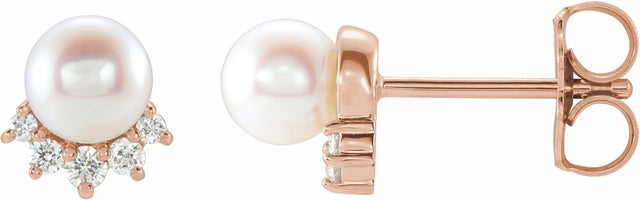 14K Rose Gold Cultured White Freshwater Cultured Pearl & .08 CTW Natural Diamond Earrings   