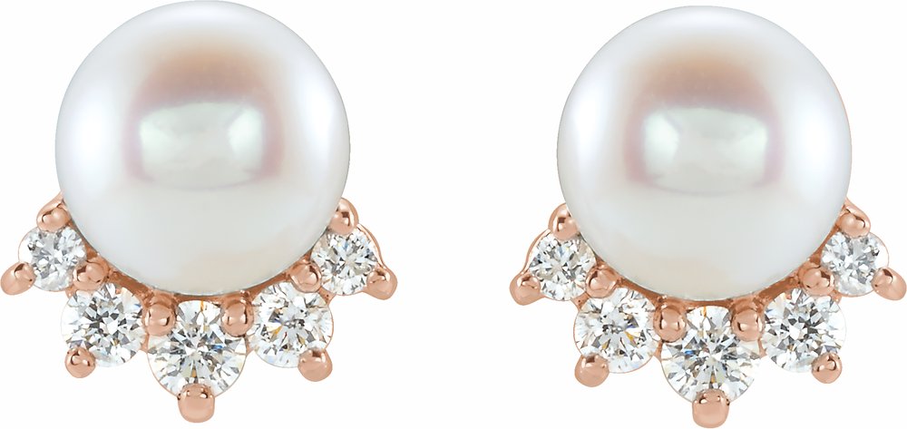 14K Rose Cultured White Freshwater Cultured Pearl & .08 CTW Natural Diamond Earrings