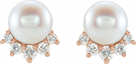 14K Rose Gold Cultured White Freshwater Cultured Pearl & .08 CTW Natural Diamond Earrings