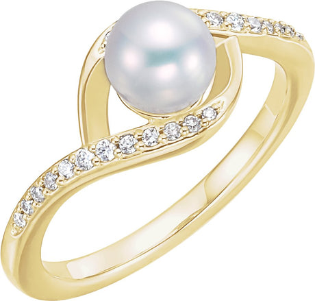 14K Yellow Cultured White Freshwater Pearl & 1/8 CTW Natural Diamond Ring  