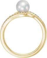 14K Yellow Cultured White Freshwater Pearl & 1/8 CTW Natural Diamond Ring