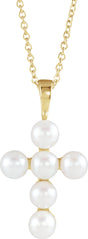 14K Yellow Cultured White Freshwater Pearl Cross 16-18" Necklace