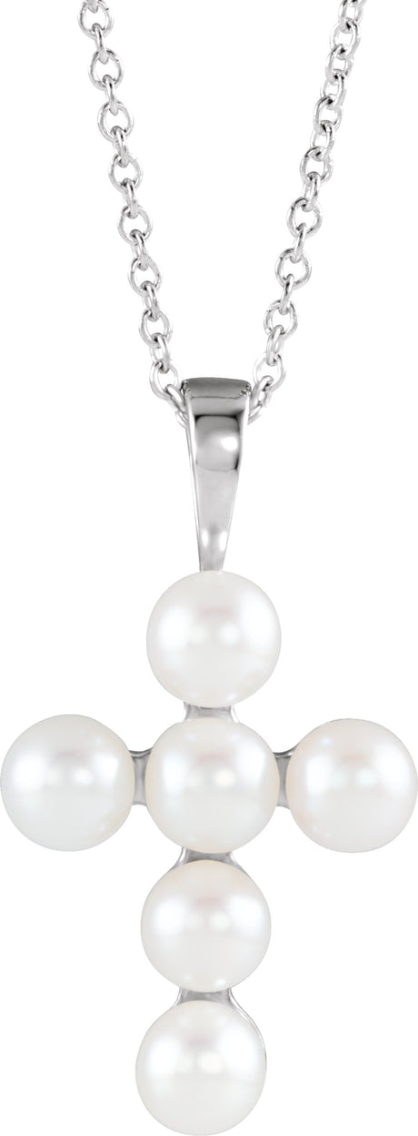 14K White Gold Cultured White Freshwater Pearl Cross 16-18" Necklace