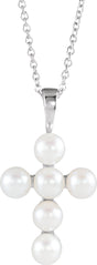 14K White Gold Cultured White Freshwater Pearl Cross 16-18" Necklace
