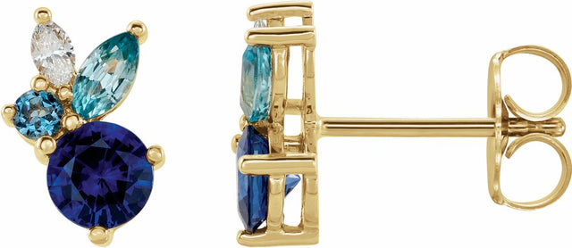 14K Yellow Gold Natural Blue Sapphire, Natural Aquamarine, Natural Blue Zircon & .07 CTW Natural Diamond Earrings