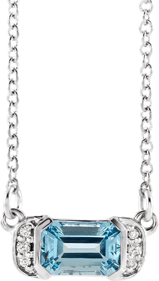 14K White Gold Natural Aquamarine & .02 CTW Natural Diamond Bar 16" Necklace