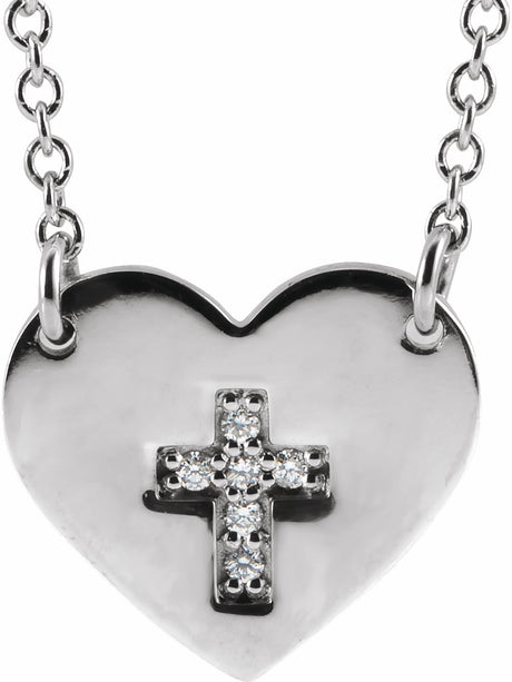 Sterling Silver .02 CTW Natural Diamond Heart & Cross 16-18" Necklace 