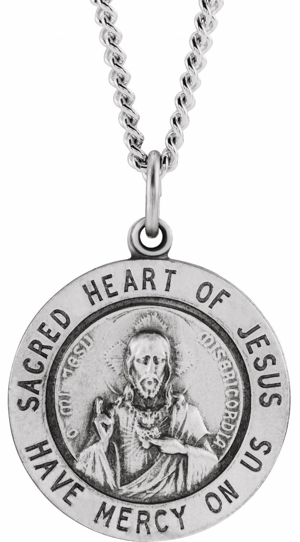 Sterling Silver 22 mm Round Sacred Heart of Jesus 24" Necklace