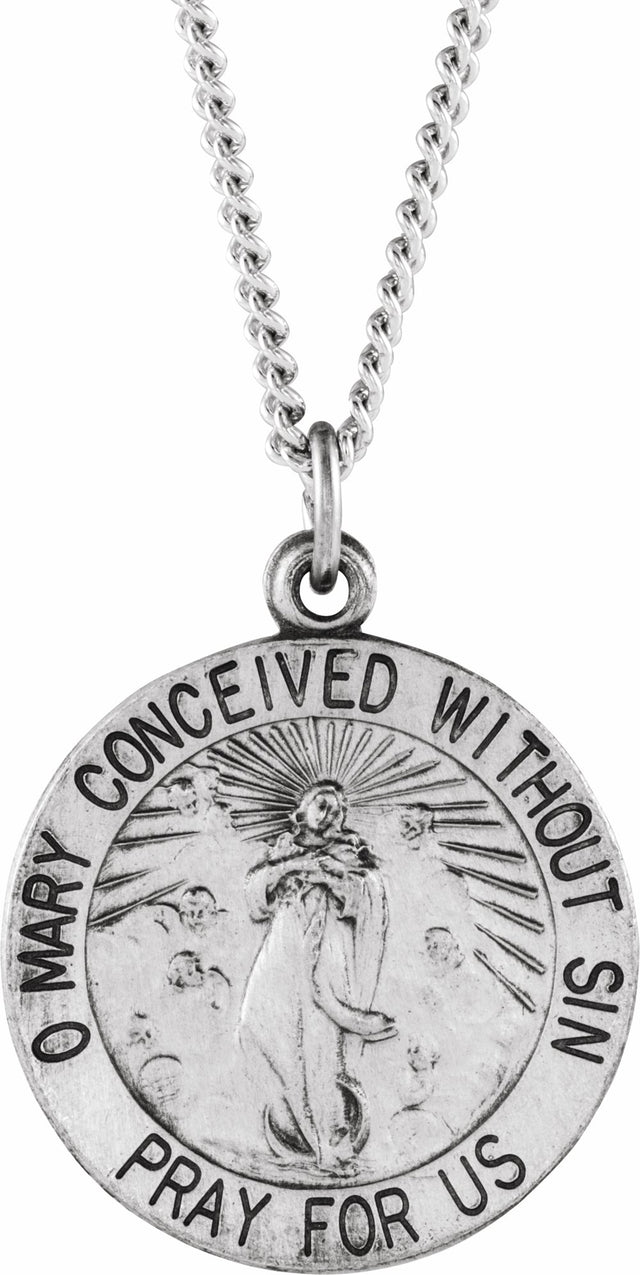 Sterling Silver 18 mm Round Immaculate Conception Medal 18" Necklace