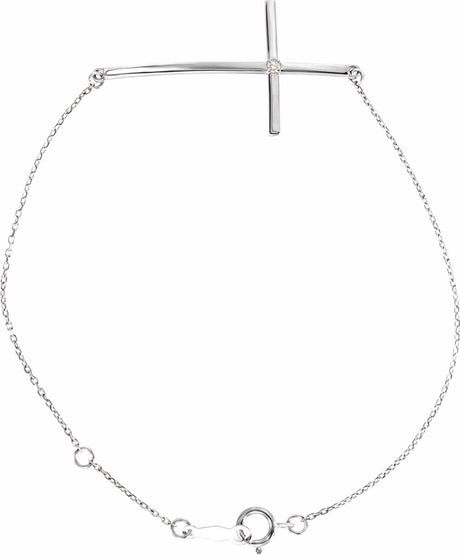 14K White Gold .025 CT Natural Diamond Sideways Cross 7-8" Bracelet