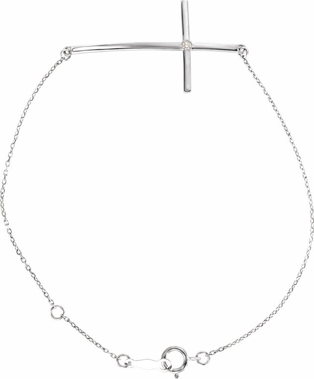 14K White Gold .025 CT Natural Diamond Sideways Cross 7-8" Bracelet
