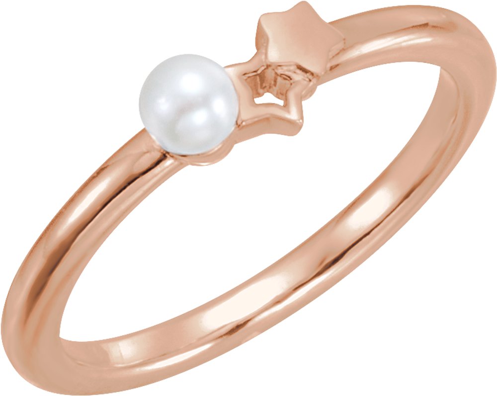 14K Rose Cultured White Freshwater Pearl Youth Double Star Ring  