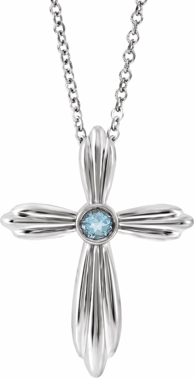 14K White Natural Aquamarine Cross 16-18" Necklace