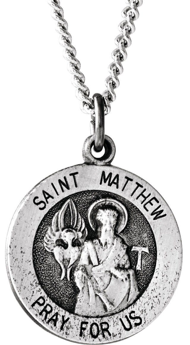 Sterling Silver 15 mm Round St. Matthew Medal 18" Necklace