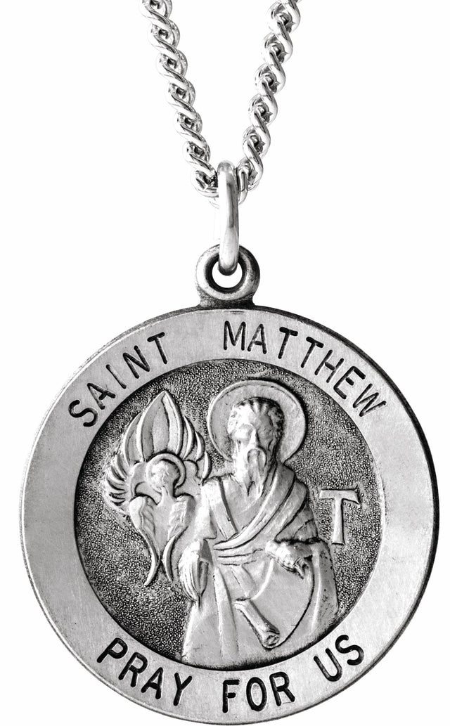 Sterling Silver 22 mm Round St. Matthew Medal 24" Necklace  