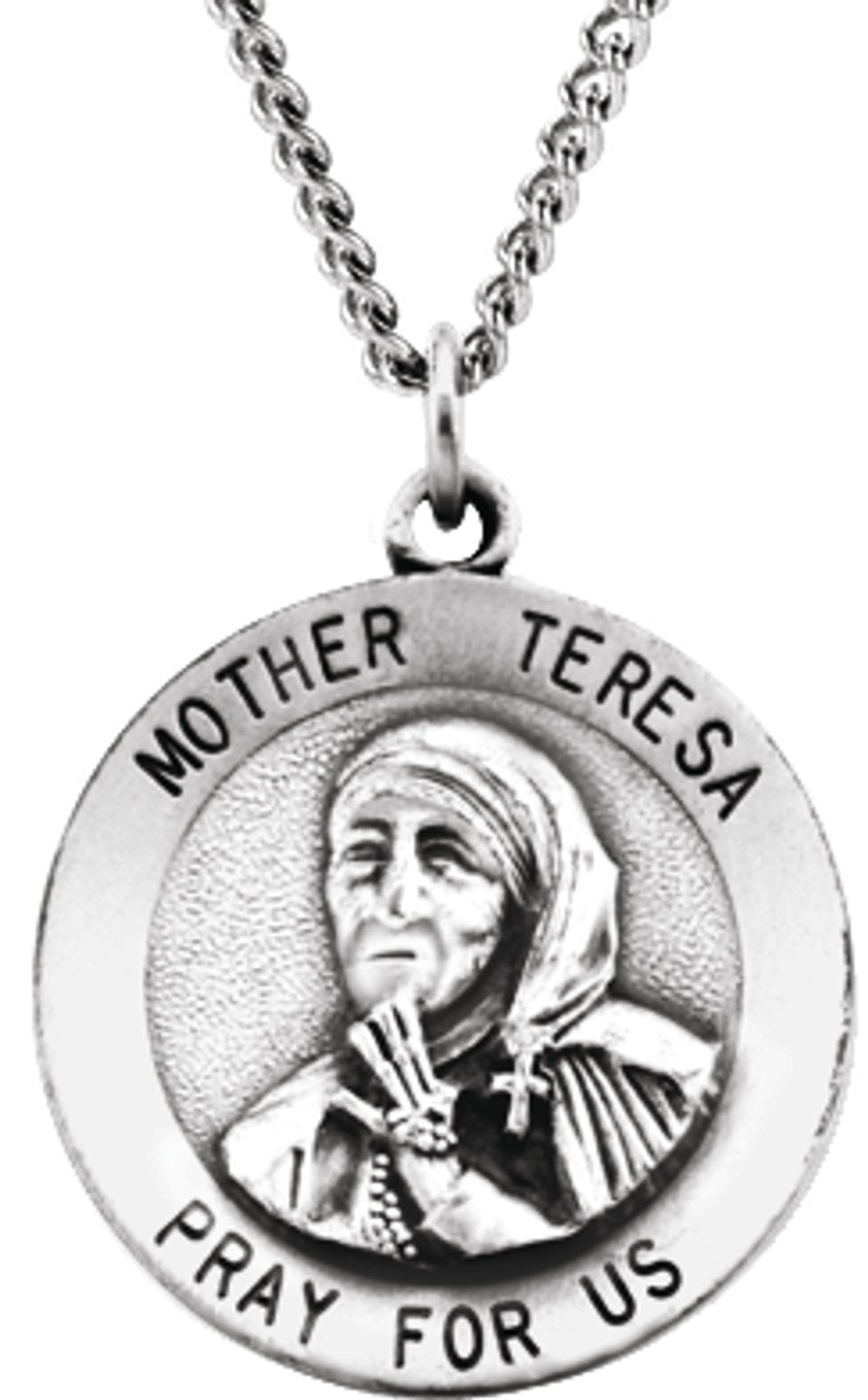 Sterling Silver 18 mm Mother Teresa Round Pendant Medal 18" Necklace